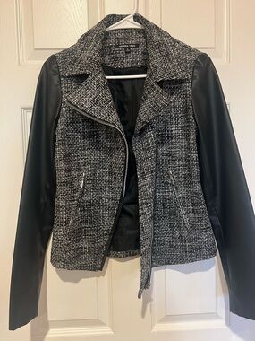 Black and Gray Tweed Moto Jacket with Vegan Leather Sleeves